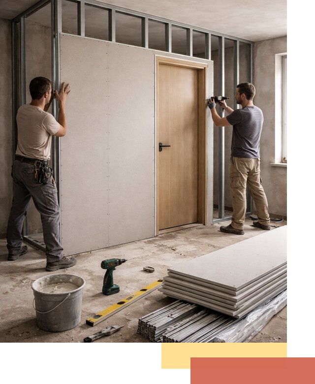 Перегородка из гипсокартона с дверью под ключ в Якутске