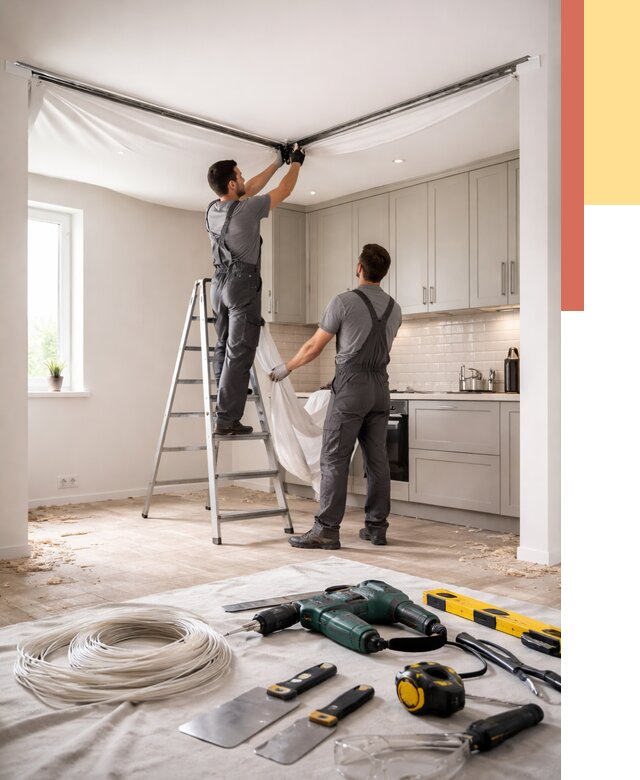 Установка натяжного потолка на кухне в Якутске от 2500 руб. | ОТДЕЛОЧНИК-Ктс