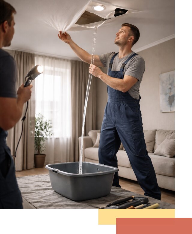 Слив воды с натяжного потолка в Якутске быстро и аккуратно